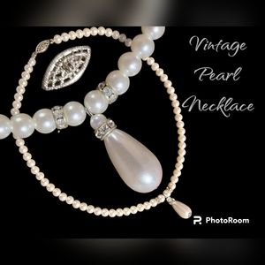 Vintage Pearl Necklace with pendant, rhinestone accents, and fancy clasp